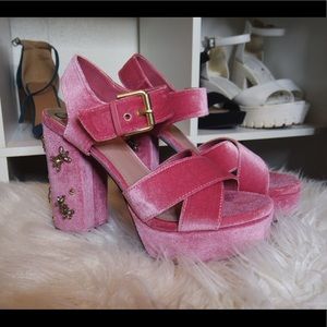 Pink velvet platform heels